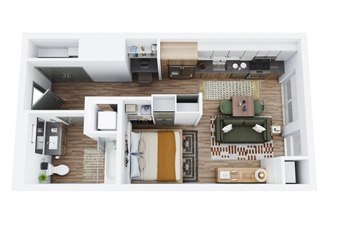 studio floor plan with bathroom and modular closet space
